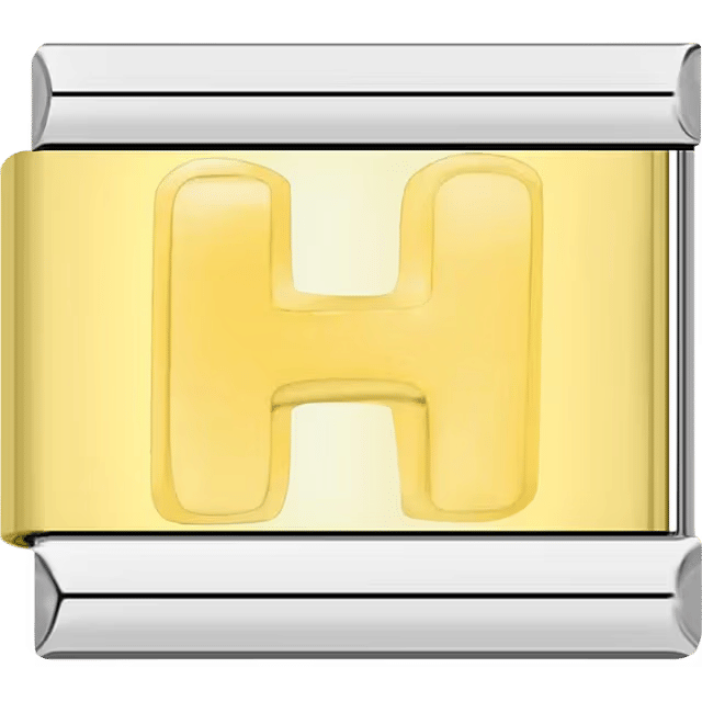 Gold Italian charm link with a raised letter "H" on a polished gold surface and silver edges.